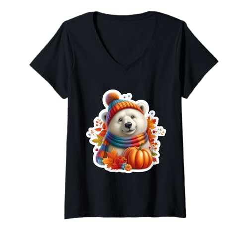 Damen Herbst Herbst Eisbär Liebhaber Thanksgiving Kürbisblätter T-Shirt mit V-Ausschnitt Damen Herbst Herbst Eisbär Liebhaber Thanksgiving Kürbisblätter T-Shirt mit V-Ausschnitt von Autumn Fall Polar Bear Products
