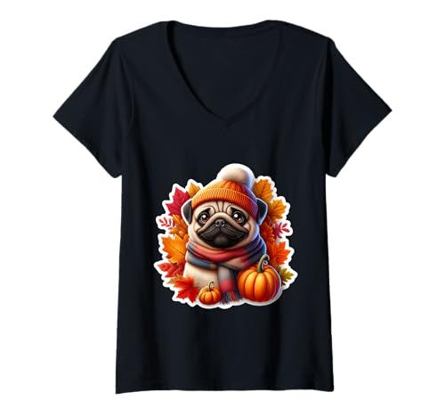Damen Herbst Herbst Mops Hund Besitzer Liebhaber Kürbis Blätter Vintage niedlich T-Shirt mit V-Ausschnitt von Autumn Fall Pug Dog Owner Products