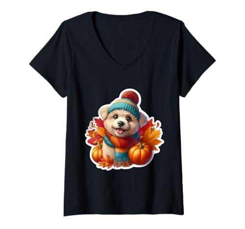 Damen Herbst Herbst PUMI Hundebesitzer Thanksgiving Mama Papa Kürbis gemütlich T-Shirt mit V-Ausschnitt Damen Herbst Herbst PUMI Hundebesitzer Thanksgiving Mama Papa Kürbis gemütlich T-Shirt mit V-Ausschnitt von Autumn Fall Pumi Dog Owner Products