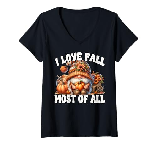 Damen Cute Fall Pumpkin GNOME for Women I Love Fall Most of All T-Shirt mit V-Ausschnitt von Autumn Fall Pumpkin Themed Gifts For Gnome Lovers