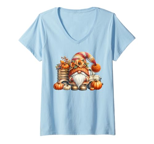 Damen Fall Must Haves for Women and Men Autumn Fall Pumpkin GNOME T-Shirt mit V-Ausschnitt von Autumn Fall Pumpkin Themed Gifts For Gnome Lovers