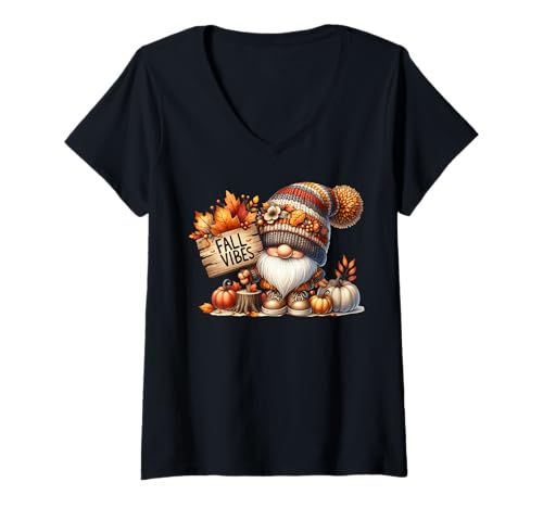 Damen Fall Vibes Graphic for Women Men and Kids Cute Pumpkin Fall T-Shirt mit V-Ausschnitt von Autumn Fall Pumpkin Themed Gifts For Gnome Lovers