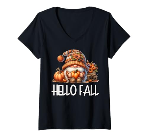 Damen Hello Fall GNOME Dad Graphic for Autumn Womens Cute Pumpkin T-Shirt mit V-Ausschnitt von Autumn Fall Pumpkin Themed Gifts For Gnome Lovers