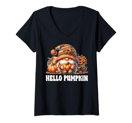 Damen Hello Pumpkin GNOME Graphic for Women Who Love Fall Vibes T-Shirt mit V-Ausschnitt von Autumn Fall Pumpkin Themed Gifts For Gnome Lovers