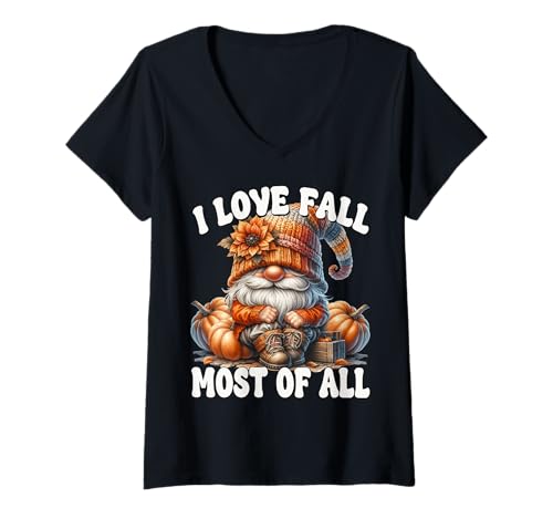 Damen I Love Fall Most of All Autumn GNOME with Farm Fresh Pumpkin T-Shirt mit V-Ausschnitt von Autumn Fall Pumpkin Themed Gifts For Gnome Lovers