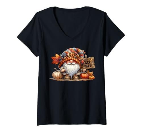 Damen Its Fall Yall Autumn GNOME Stuff Falling Leaves and Pumpkin T-Shirt mit V-Ausschnitt von Autumn Fall Pumpkin Themed Gifts For Gnome Lovers