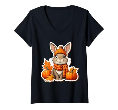 Damen Herbst Herbst Kaninchen Besitzer Liebhaber Thanksgiving Bunny Kürbis T-Shirt mit V-Ausschnitt Damen Herbst Herbst Kaninchen Besitzer Liebhaber Thanksgiving Bunny Kürbis T-Shirt mit V-Ausschnitt von Autumn Fall Rabbit Products