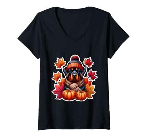 Damen Herbst Herbst Rottweiler Hund Kürbis Blätter Besitzer Thanksgiving T-Shirt mit V-Ausschnitt Damen Herbst Herbst Rottweiler Hund Kürbis Blätter Besitzer Thanksgiving T-Shirt mit V-Ausschnitt von Autumn Fall Rottweiler Dog Owner Products