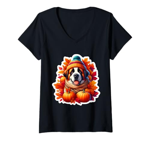 Damen Herbst Herbst Bernhardiner Hund Besitzer Liebhaber Kürbis Vintage T-Shirt mit V-Ausschnitt von Autumn Fall Saint Bernard Dog Owner Products