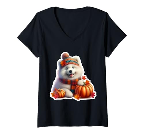 Damen Herbst Herbst Samojeden Hundebesitzer Liebhaber Kürbisblätter Vintage T-Shirt mit V-Ausschnitt Damen Herbst Herbst Samojeden Hundebesitzer Liebhaber Kürbisblätter Vintage T-Shirt mit V-Ausschnitt von Autumn Fall Samoyed Dog Owner Products
