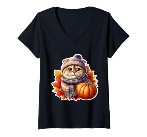 Damen Herbst Herbst Scottish Fold Cat Owner Thanksgiving Mom Dad T-Shirt mit V-Ausschnitt Damen Herbst Herbst Scottish Fold Cat Owner Thanksgiving Mom Dad T-Shirt mit V-Ausschnitt von Autumn Fall Scottish Fold Cat Owner Products