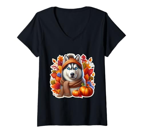 Damen Herbst Sibirischer Husky Hund Kürbisblätter Besitzer Liebhaber T-Shirt mit V-Ausschnitt Damen Herbst Sibirischer Husky Hund Kürbisblätter Besitzer Liebhaber T-Shirt mit V-Ausschnitt von Autumn Fall Siberian Husky Dog Owner Products