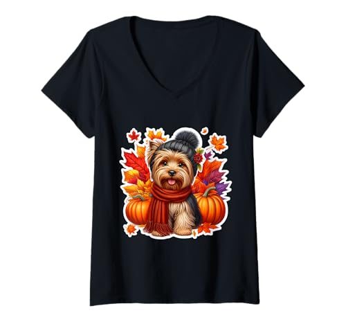 Damen Herbst Herbst Silky Terrier Hundebesitzer Liebhaber Kürbis Vintage T-Shirt mit V-Ausschnitt Damen Herbst Herbst Silky Terrier Hundebesitzer Liebhaber Kürbis Vintage T-Shirt mit V-Ausschnitt von Autumn Fall Silky Terrier Dog Owner Products