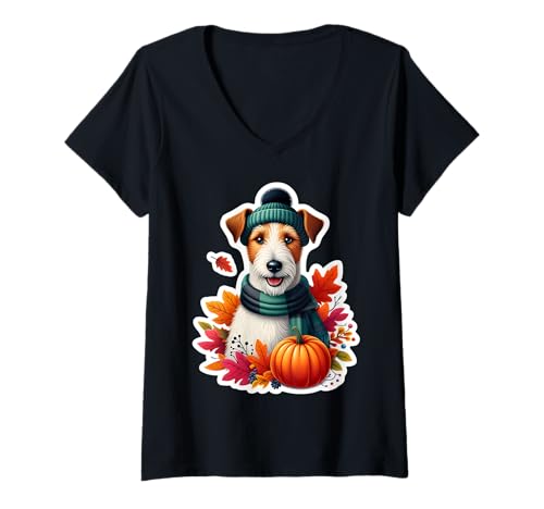Damen Autumn Fall Smooth Fox Terrier Hundebesitzer Thanksgiving Liebhaber T-Shirt mit V-Ausschnitt Damen Autumn Fall Smooth Fox Terrier Hundebesitzer Thanksgiving Liebhaber T-Shirt mit V-Ausschnitt von Autumn Fall Smooth Fox Terrier Dog Owner Products