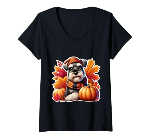 Damen Herbst Herbst Standard Schnauzer Hundebesitzer Liebhaber Vintage niedlich T-Shirt mit V-Ausschnitt Damen Herbst Herbst Standard Schnauzer Hundebesitzer Liebhaber Vintage niedlich T-Shirt mit V-Ausschnitt von Autumn Fall Standard Schnauzer Dog Owner Products