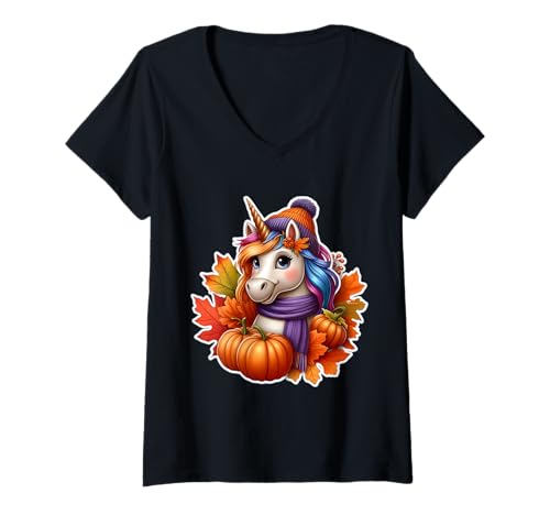 Damen Herbst Herbst Einhorn Liebhaber Thanksgiving Kürbis Blätter niedlich T-Shirt mit V-Ausschnitt Damen Herbst Herbst Einhorn Liebhaber Thanksgiving Kürbis Blätter niedlich T-Shirt mit V-Ausschnitt von Autumn Fall Unicorn Products
