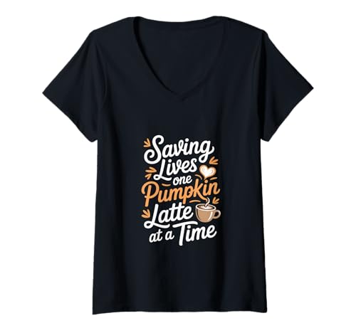 Damen Leben retten Ein Kürbis-Latte nach dem anderen Pumpkin Spice Nurse T-Shirt mit V-Ausschnitt Damen Leben retten Ein Kürbis-Latte nach dem anderen Pumpkin Spice Nurse T-Shirt mit V-Ausschnitt von Autumn Fall Vibes