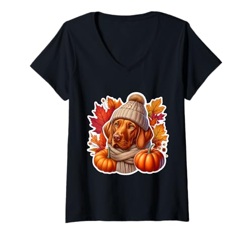Damen Herbst Herbst Vizsla Hundebesitzer Liebhaber Kürbisblätter Vintage T-Shirt mit V-Ausschnitt Damen Herbst Herbst Vizsla Hundebesitzer Liebhaber Kürbisblätter Vintage T-Shirt mit V-Ausschnitt von Autumn Fall Vizsla Dog Owner Products
