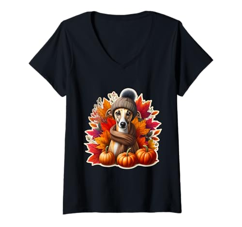 Damen Herbst Herbst Whippet Hundebesitzer Liebhaber Kürbisblätter Vintage T-Shirt mit V-Ausschnitt Damen Herbst Herbst Whippet Hundebesitzer Liebhaber Kürbisblätter Vintage T-Shirt mit V-Ausschnitt von Autumn Fall Whippet Dog Owner Products
