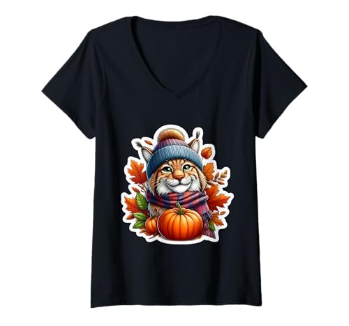 Damen Herbst Herbst Wildcat Lover Thanksgiving Kürbisblätter T-Shirt mit V-Ausschnitt Damen Herbst Herbst Wildcat Lover Thanksgiving Kürbisblätter T-Shirt mit V-Ausschnitt von Autumn Fall Wildcat Products
