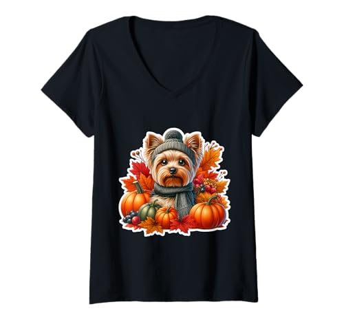 Damen Herbst Herbst Yorkshire Terrier Hund Kürbis Blätter Besitzer Liebhaber T-Shirt mit V-Ausschnitt Damen Herbst Herbst Yorkshire Terrier Hund Kürbis Blätter Besitzer Liebhaber T-Shirt mit V-Ausschnitt von Autumn Fall Yorkshire Terrier Dog Owner Products