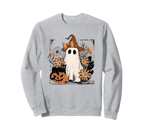 Autumn Floral Ghost and Black Cat Design. Woman Fall Sweatshirt von Autumn Family Fall Casual Outfits.