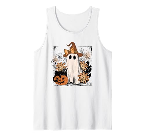 Autumn Floral Ghost and Black Cat Design. Woman Fall Tank Top von Autumn Family Fall Casual Outfits.