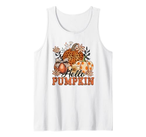 Autumn Hello Pumpkin Design. Woman Fall Tank Top von Autumn Family Fall Casual Outfits.