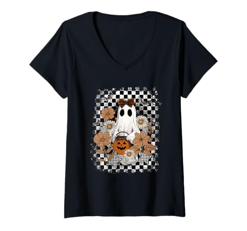 Damen Autumn Fall Ghost Checkered Thanksgiving Design. Woman T-Shirt mit V-Ausschnitt von Autumn Family Fall Casual Outfits.