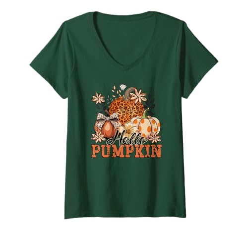 Damen Autumn Hello Pumpkin Design. Woman Fall T-Shirt mit V-Ausschnitt von Autumn Family Fall Casual Outfits.