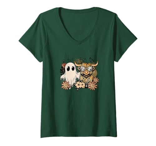 Damen Boho Ghost Highland Cow Autumn Woman Fall T-Shirt mit V-Ausschnitt von Autumn Family Fall Casual Outfits.