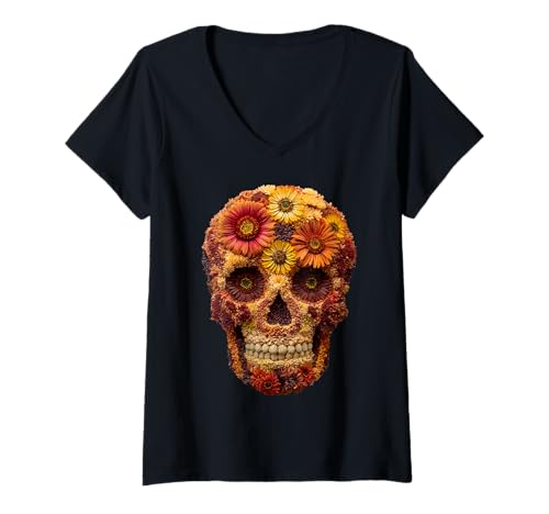 Damen Gruseliger Totenkopf mit Herbstblumen Herbst Blumenkunst Halloween T-Shirt mit V-Ausschnitt von Autumn Floral Art Halloween Apparel