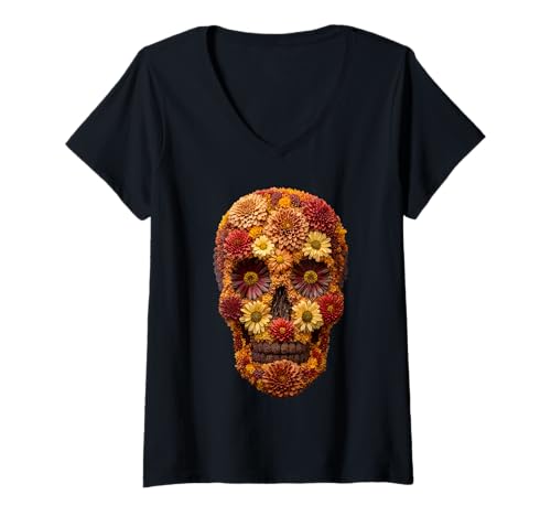 Damen Gruseliger Totenkopf mit Herbstblumen Herbst Blumenkunst Halloween T-Shirt mit V-Ausschnitt von Autumn Floral Art Halloween Apparel