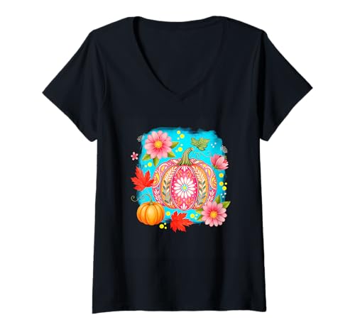Damen Bunter Kürbis mit Blumen Herbststimmung T-Shirt mit V-Ausschnitt Damen Bunter Kürbis mit Blumen Herbststimmung T-Shirt mit V-Ausschnitt von Autumn Floral Pumpkin Fall Harvest Season