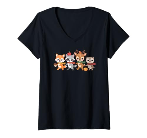 Damen Herbst Waldtiere Herbst Critters mit Schals Niedlich T-Shirt mit V-Ausschnitt von Autumn Forest Friends Apparel Gifts By Anastasia