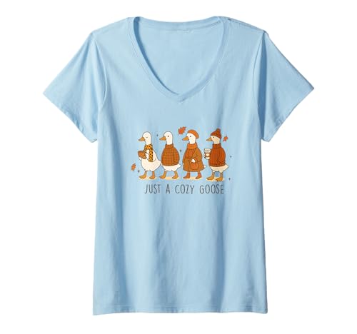Damen Just A Cozy Goose, süßes Herbst-Design T-Shirt mit V-Ausschnitt Damen Just A Cozy Goose, süßes Herbst-Design T-Shirt mit V-Ausschnitt von Autumn Goose Cozy Sweater Fall Humor