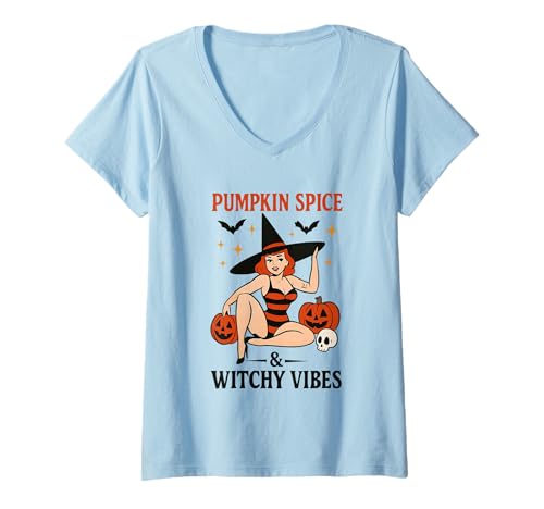 Damen Halloween mit Kürbisgewürz und Witchy Vibes T-Shirt mit V-Ausschnitt Damen Halloween mit Kürbisgewürz und Witchy Vibes T-Shirt mit V-Ausschnitt von Autumn Halloween Fall Cozy Vibes Festive