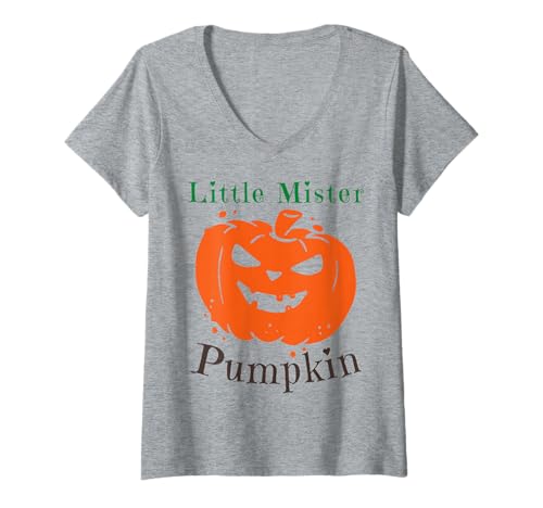 Damen Little Mister Kürbis Halloween Jungen Kürbisse Kleinkind Junge T-Shirt mit V-Ausschnitt von Autumn Harvest Family Funny Halloween Toddler Son