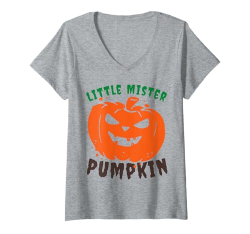 Damen Little Mister Kürbis Halloween Jungen Kürbisse Kleinkind Junge T-Shirt mit V-Ausschnitt von Autumn Harvest Family Funny Halloween Toddler Son