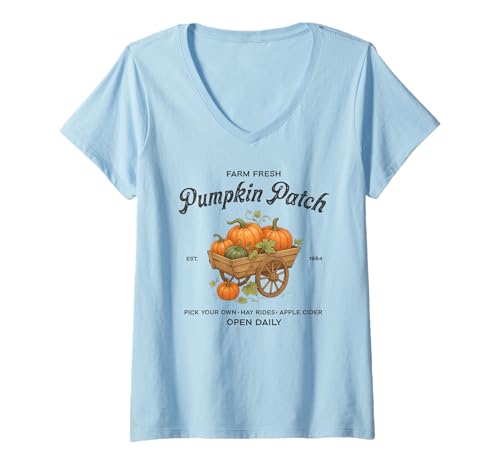 Damen Farm Fresh Pumpkin Patch Wagon Herbst Ernte Hayrides Herbst T-Shirt mit V-Ausschnitt Damen Farm Fresh Pumpkin Patch Wagon Herbst Ernte Hayrides Herbst T-Shirt mit V-Ausschnitt von Autumn Harvest Farmers Market Festival Apparel Co.