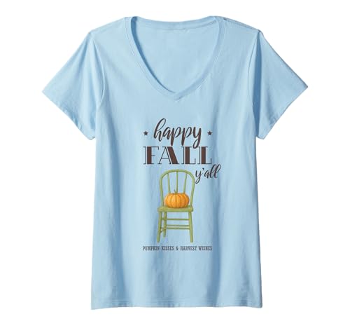Damen Happy Fall Y'all Kürbisernte Herbst Thanksgiving Country T-Shirt mit V-Ausschnitt von Autumn Harvest Farmers Market Festival Apparel Co.