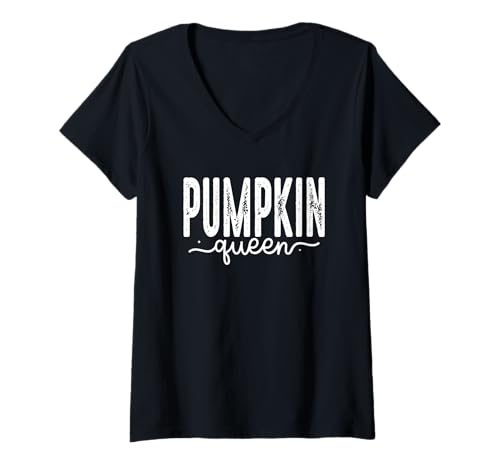 Damen Kürbiskönigin Halloween Thema Spaß T-Shirt mit V-Ausschnitt von Autumn Harvest Festive Vibes Pumpkin