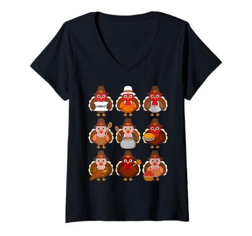 Damen Netter Thanksgiving Pilger Truthahn Cartoon T-Shirt mit V-Ausschnitt von Autumn Harvest Holiday Fun