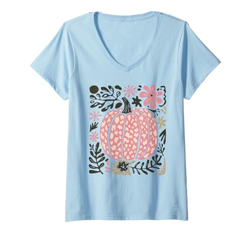 Damen Leopardenmuster, niedlicher rosa Kürbis mit floraler Herbstästhetik T-Shirt mit V-Ausschnitt von Autumn Harvest Leopard Pumpkin Floral Shirt Co.