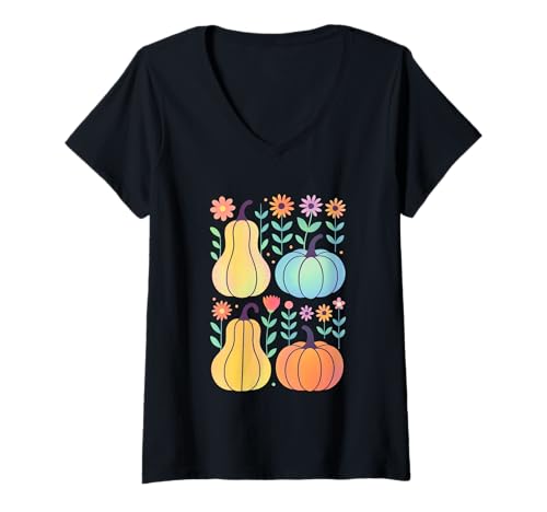 Damen Herbsternte Kürbis und Blumen Harmonie T-Shirt mit V-Ausschnitt Damen Herbsternte Kürbis und Blumen Harmonie T-Shirt mit V-Ausschnitt von Autumn Harvest Pumpkin Floral Vibes