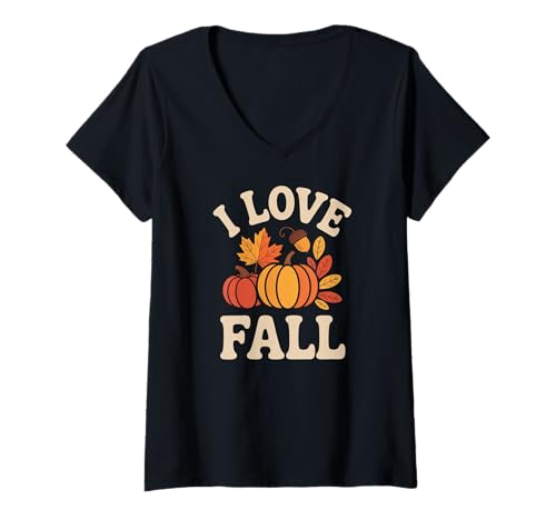 Damen I Love Herbst Kürbisse Herbst Blätter Eichel T-Shirt mit V-Ausschnitt Damen I Love Herbst Kürbisse Herbst Blätter Eichel T-Shirt mit V-Ausschnitt von Autumn Harvest Pumpkin Leaves Acorn