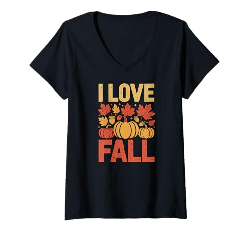 Damen I Love Herbst Kürbisblätter Eicheln T-Shirt mit V-Ausschnitt von Autumn Harvest Pumpkin Leaves Cozy
