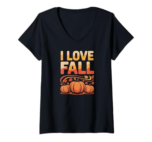 Damen I Love Herbst Kürbisse Herbstblätter T-Shirt mit V-Ausschnitt von Autumn Harvest Pumpkin Leaves Season