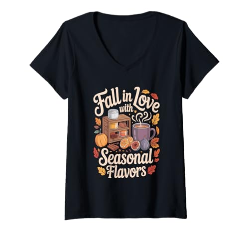 Damen Fall In Love with Seasonal Flavors T-Shirt mit V-Ausschnitt von Autumn Harvest Pumpkin Spice Cinnamon