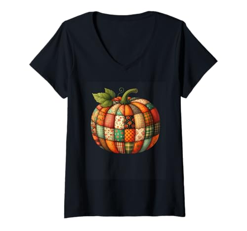 Damen Patchwork-Kürbis mit rustikalen Herbststimmungen T-Shirt mit V-Ausschnitt von Autumn Harvest Quilt Patchwork Charm